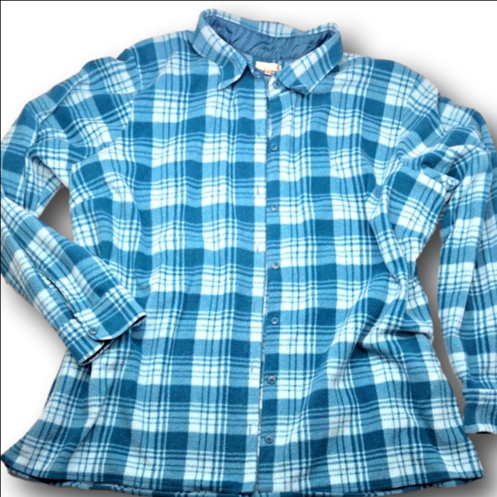 Women's NorthCrest Blue and White Plaid Fleece Button Down Shirt